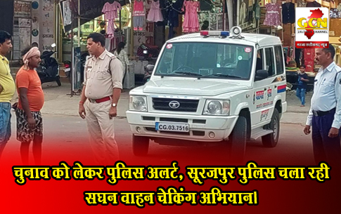 चुनाव को लेकर पुलिस अलर्ट, सूरजपुर पुलिस चला रही सघन वाहन चेकिंग अभियान।