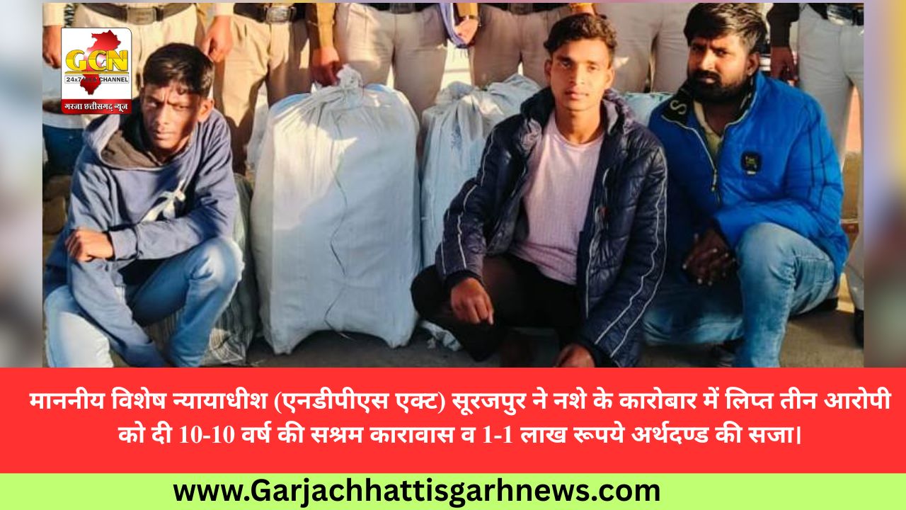 माननीय विशेष न्यायाधीश (एनडीपीएस एक्ट) सूरजपुर ने नशे के कारोबार में लिप्त तीन आरोपी को दी 10-10 वर्ष की सश्रम कारावास व 1-1 लाख रूपये अर्थदण्ड की सजा।